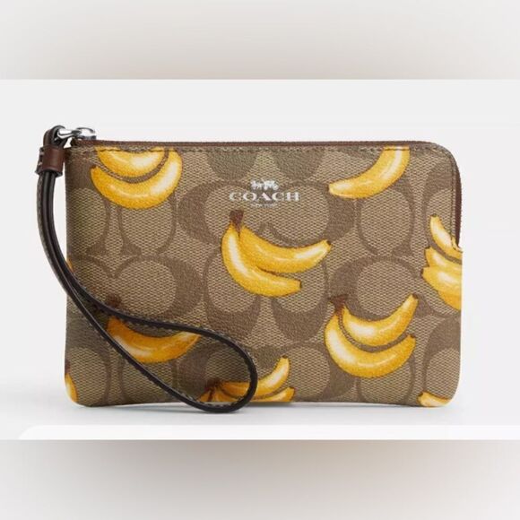 Limited Corner Zip Wristlet Signature Canvas With Banana Print Bag Purse Wallet - Picture 8 of 10